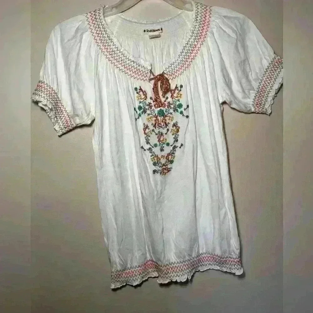 Ruff Hewn White embroidered tunic with Flounce Sleeves.